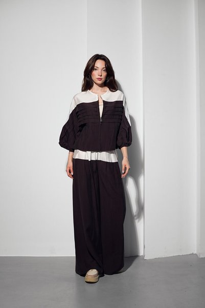 Pukka Women's Tencel Fabric Garni Pleated Detailed Wide-Leg Pants Two-Piece Set