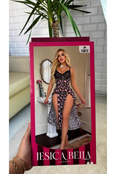 Visatin Lingerie قميص نوم نسائي طويل مزين بالدانتيل والزهور
