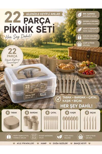 Arsimo 22 Parça Kare Piknik Seti | Piknik Tabak Çatal Kaşık Bıçak Bardak ve S...