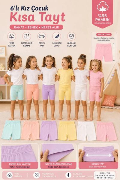 Tutku Dondeza 6'lı Paket Kız Çocuk Pamuklu Kısa Tayt AynıGün Kargolama