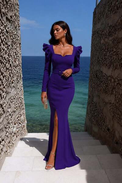 Modafeminen Purple Square Neck Flounce Sleeve Belted Slit Maxi Evening Dress ...