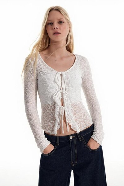 DAMGA JEANS Women's Front Tie Lace White Stylish Blouse