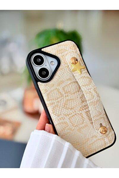 Go Aksesuar Iphone 16 Uyumlu Tutacaklı Yıldız Tasarımlı Deri Görünümlü Esnek Silikon Kılıf