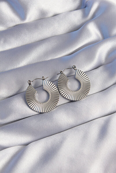 Mega Bazaar 316L Steel Silver Color Oval Striped Plate Earrings