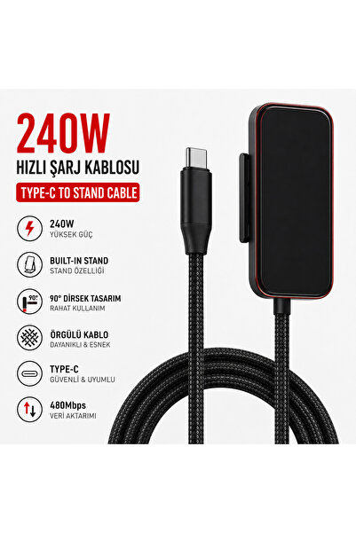 Torzende 240W USB TYPE-C TO TYPE-C STANDLI HIZLI ŞARJ KABLOSU 1 METRE ÖRGÜLÜ ...