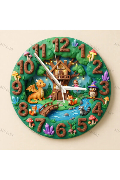 ensaat Enchanted Forest Dragon Fairy Children's Room Wall Clock Silent Wooden...