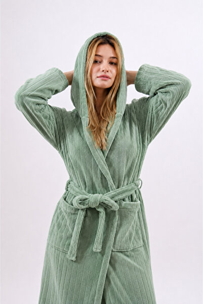 Dotamess Bamboo Jacquard Striped Luxury Hooded Bathrobe, Velvet Outside, Bamb...