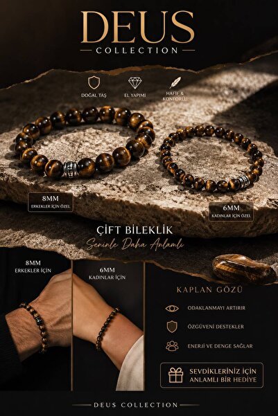 Deus Collection Kaplan Gözü Doğal Taş Çift Bileklik Seti 8 mm Erkek & 6 mm Ka...