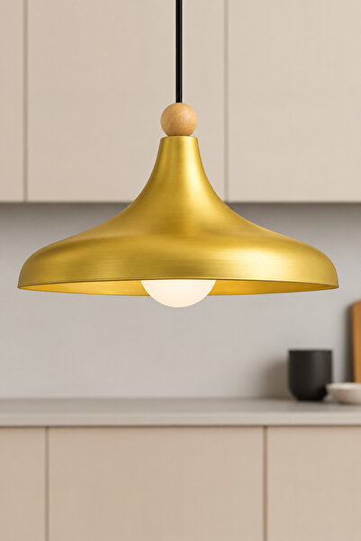Lambadar Aura Gold Model Ahşap Boncuklu Tekli Sarkıt Avize İskandinav Endüstr...
