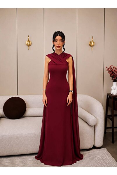 Angelinaa فستان سهرة طويل باللون العنابي الداكن