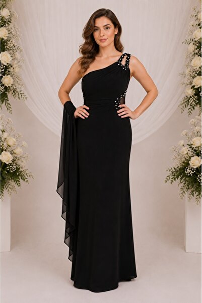 OEM Rochie rafinata, model lung one-shoulder, de culoare neagra