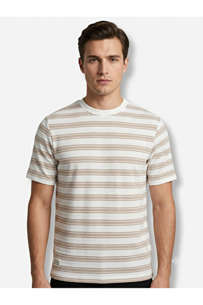 İMAJ MAĞAZACILIK Men's Beige Striped Crew Neck Short Sleeve T-Shirt
