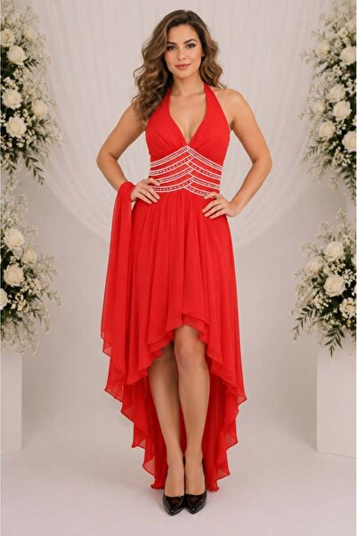 OEM Rochie lunga de nunta cu lungime asimetrica, de culoare rosie