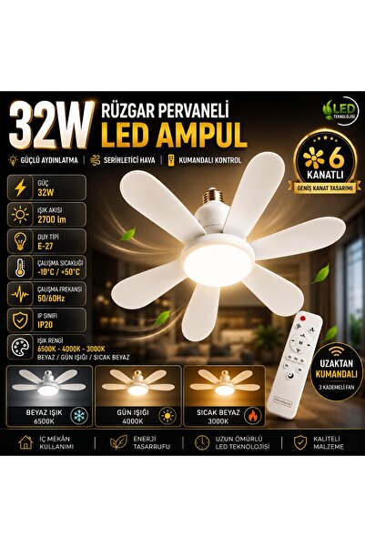 Formzen 32W Rüzgar Pervaneli LED Ampul E27 Duy | 6 Kanat | Kumandalı Tavan Fa...