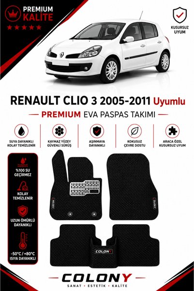COLONY Renault Clio 3 Uyumlu EVA Paspas Tam Set–Araca Özel,Kolay Montaj,Su Ge...