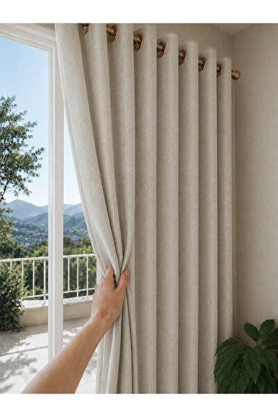 De'Vor Light Beige Linen-Look Decorative Background Curtain with Bird Eyes, S...