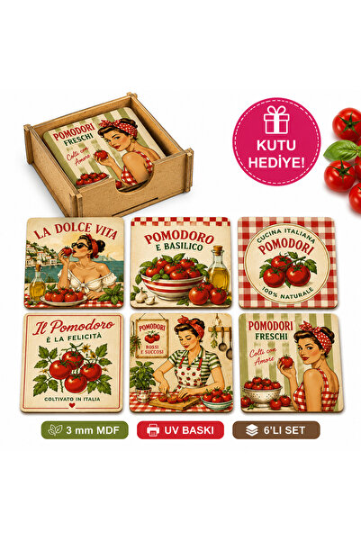 kids town Set of 6 La Dolce Vita Pomodoro Coasters with Wooden Box |   Vintag...
