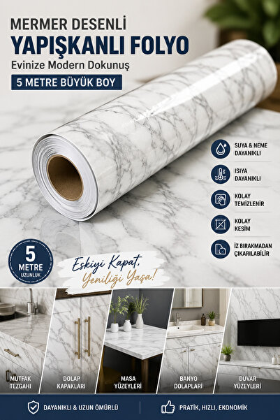 ALL FAST Mermer Desenli Yapışkanlı Folyo 5 Metre Kendinden Yapışkanlı Mobilya...