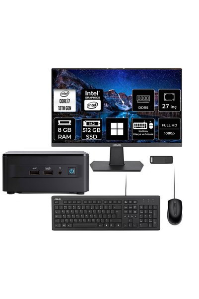 ASUS NUC 12 Pro Tall Intel Core i7-1260P 8GB RAM 512GB SSD 27" Full HD Monitör Win11 Home RNUC12WSHI700002IP752 Mini Masaüstü Bilgisayar + PER4 USB BELLEK
