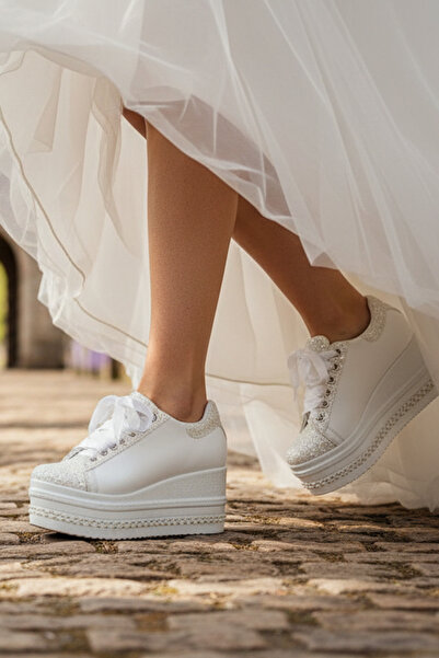 Stilo Evening Dress Wedding Shoes White Wedge Heel Bridal Shoes 8 cm