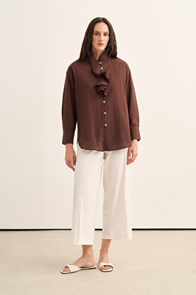 EBU Prive Women's Cotton Ruffle Shirt Brown