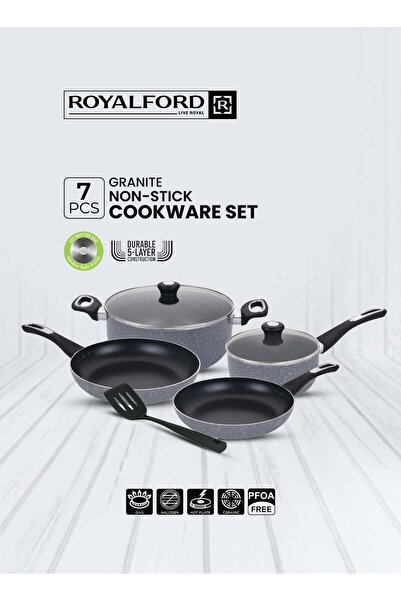 ROYALFORD طقم أواني طهي من الجرانيت غير اللاصق مكون من 7 قطع مع مقالي ووعاء ل...
