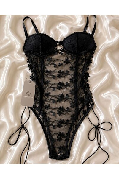 Transparan Nakışlı Tül Fantezi Babydoll Bodysuit Mavi Siyah Kırmızı