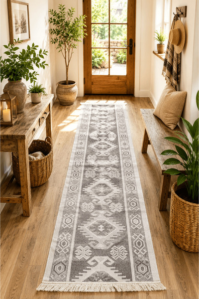 Horecahome Covor de hol, țesut, cu două fețe, dimensiune 60 x 400 cm, gri, mo...