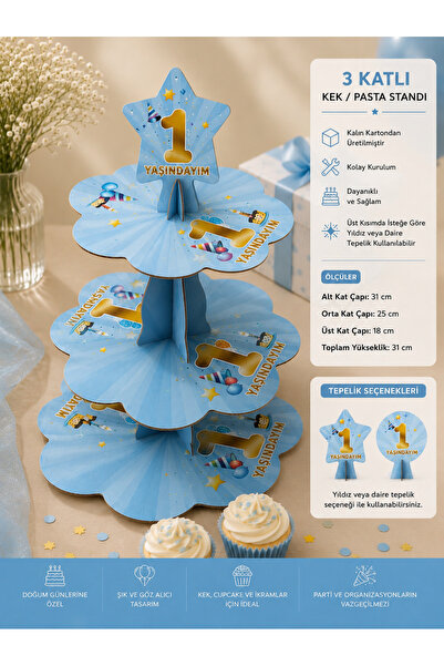essen party 1 Yaş Mavi 3 Katlı Karton Kek Cupcake Pasta Standı 31 cm Doğum Gü...