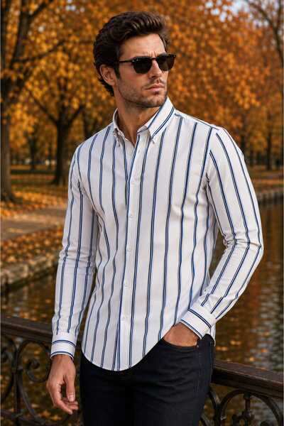 Genel Markalar Erkek Slim Fit Beyaz Mavi Siyah Çizgili Keten Gömlek 36,38,40,...