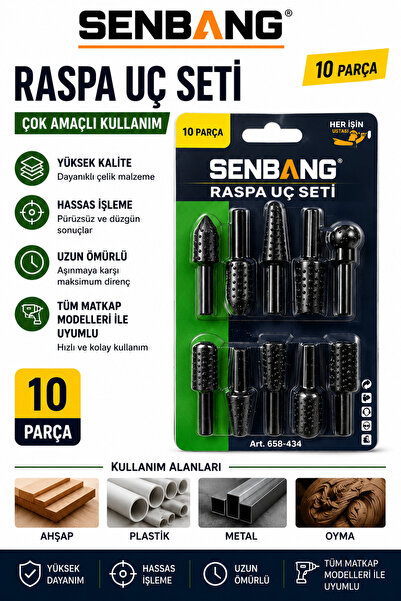 SENBANG 10 Parça Raspalama Uç Seti Ahşap Oyma Freze Uç Seti 6 mm Şaft Metal P...