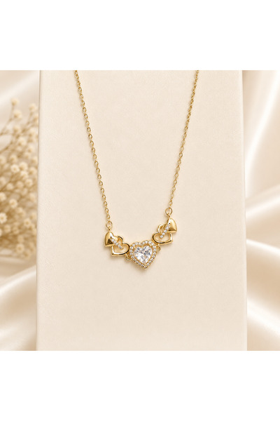 Yonida Jewelry 14K Gold Renk Kaplama Zirkon Detay Ortası Tektaş Kalpli Yan Ya...