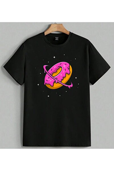 ELFERA Ružičasta Donot Space Planet majica sa printom, unisex, oversize, crna