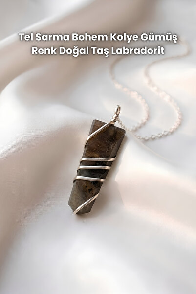 Elifsu Jewelry قلادة بوهيمية ملفوفة بالسلك، لون فضي، حجر طبيعي، حجر العقيق ال...