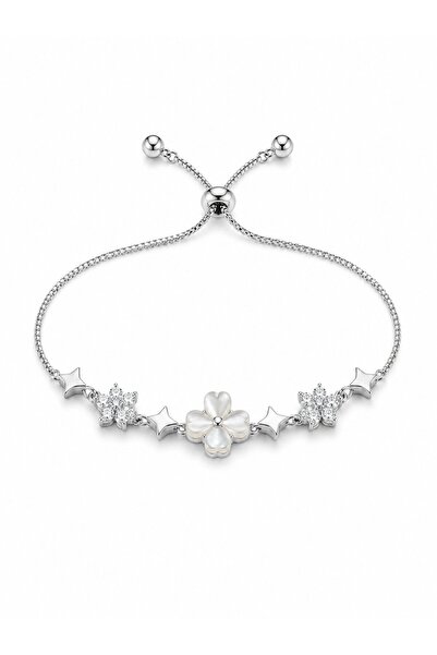 serelya Silver Color Zircon Stone Brass Pearlescent Clover Model Elevator Bra...