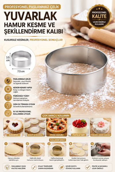 ALL FAST Profesyonel Paslanmaz Çelik Yuvarlak Hamur Kesme ve Şekillendirme Ka...