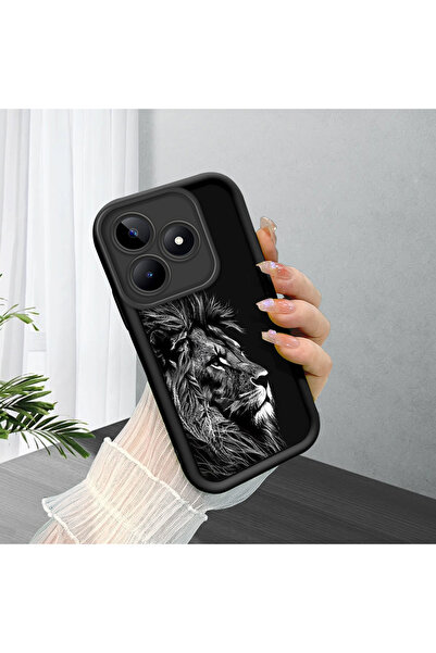 PATTERNOVA Realme C51/C53 Uyumlu Şık siyah beyaz aslan kılıf, siyah kenar kay...