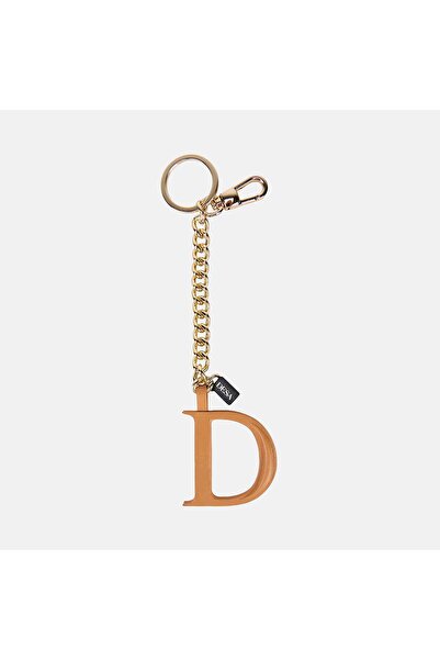 Desa Orange Letter D Leather Charm / Keychain with Gold Chain
