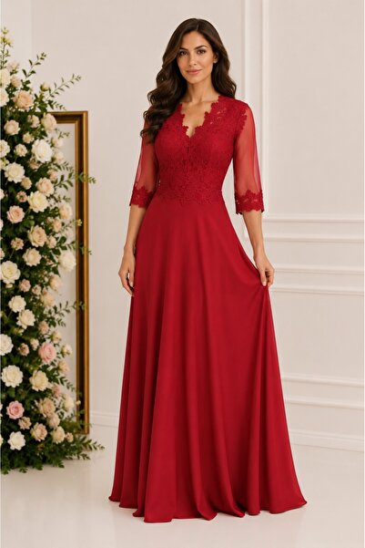 OEM Rochie lunga de seara din voal si dantela, culoare marsala