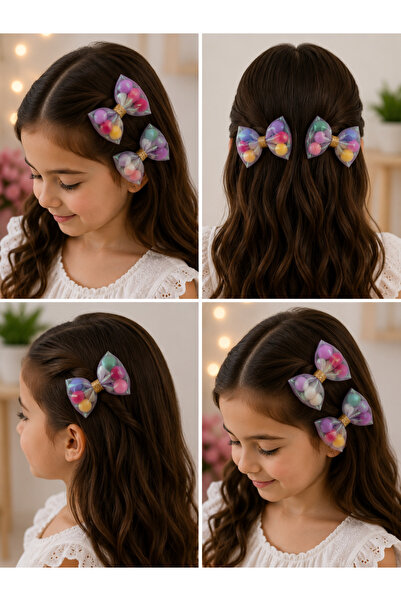 Bymiel Girl's Glittery Tulle Bow Hair Clip Set of 2 with Colorful Pompom Detail