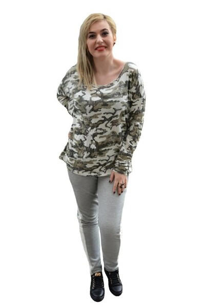 OEM Bluza trendy cu maneca lunga, masura mare, nuanta verde cu alb