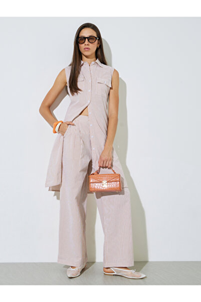 Styli Beige Striped Wide Leg Trousers