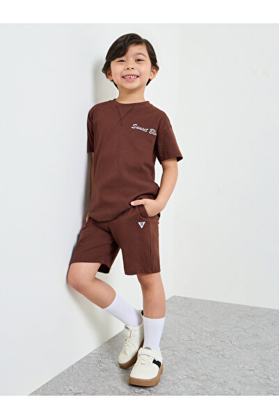 Styli Boys Brown Rib Neck Oversized T-Shirt and Shorts Set
