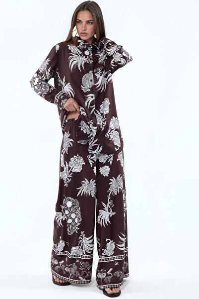 Hiccup Msn Tropical Patterned Shirt and Wide-Legged Pants Set
