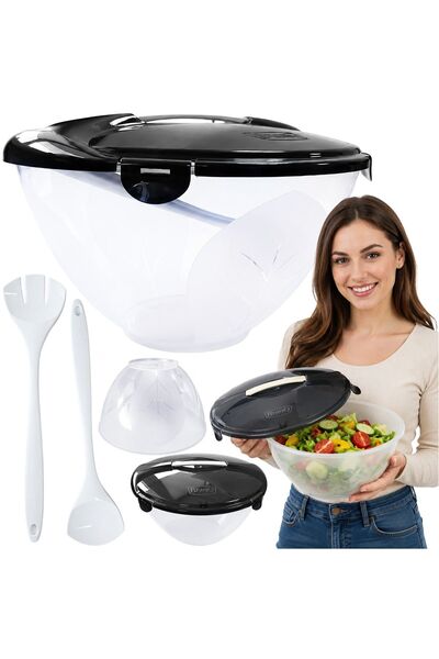 EDANTI Bol mare negru din plastic pentru salată, cu capac, pentru amestecare,...