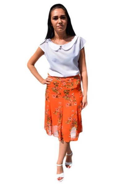 OEM Fusta lejera, midi, nuanta de portocaliu, cu imprimeu floral multicolor