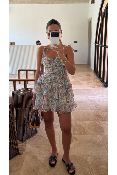 My Blog Floral Mini Dress with Gathered Tie-Back Straps - 4219