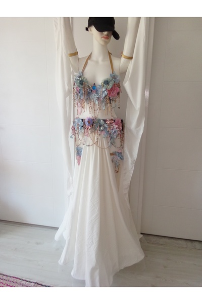Butik2 Şifon Kuyruklu Sahne Eteği ve Sarkan Kolluk Seti (Sadece Etek ve Kol D...