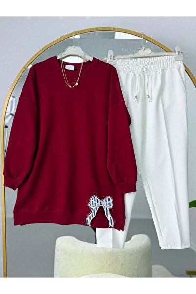 modasindoma Ribbon Embroidered Hijab Tunic Pants Set Burgundy