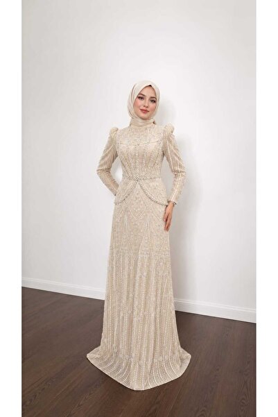 GARDROP GİYİM BONCUK İŞLEMELİ PEPLUM DETAYLI TESETTÜR ABİYE ELBİSE